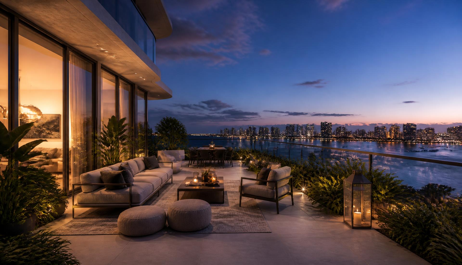 Twilight terrace of a Miami luxury residence
