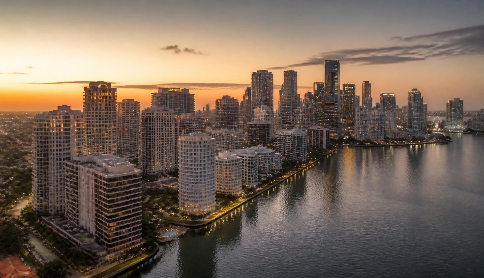 Aerial view of Miami skyline at dusk